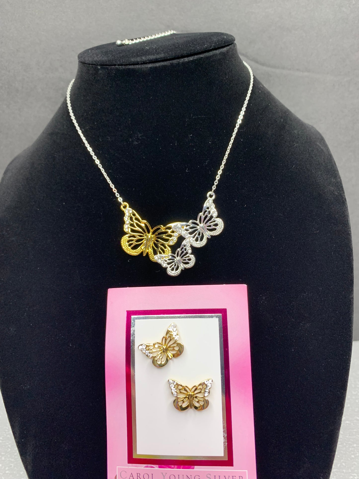 3 butterflies necklace and gold earrings set